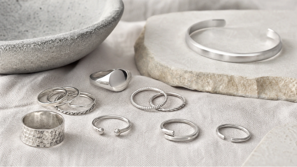 Stackable Ring Collection Merchandising Original stainless steel stackable ring collection on neutral linen with smooth, textured, open, and statement bands.