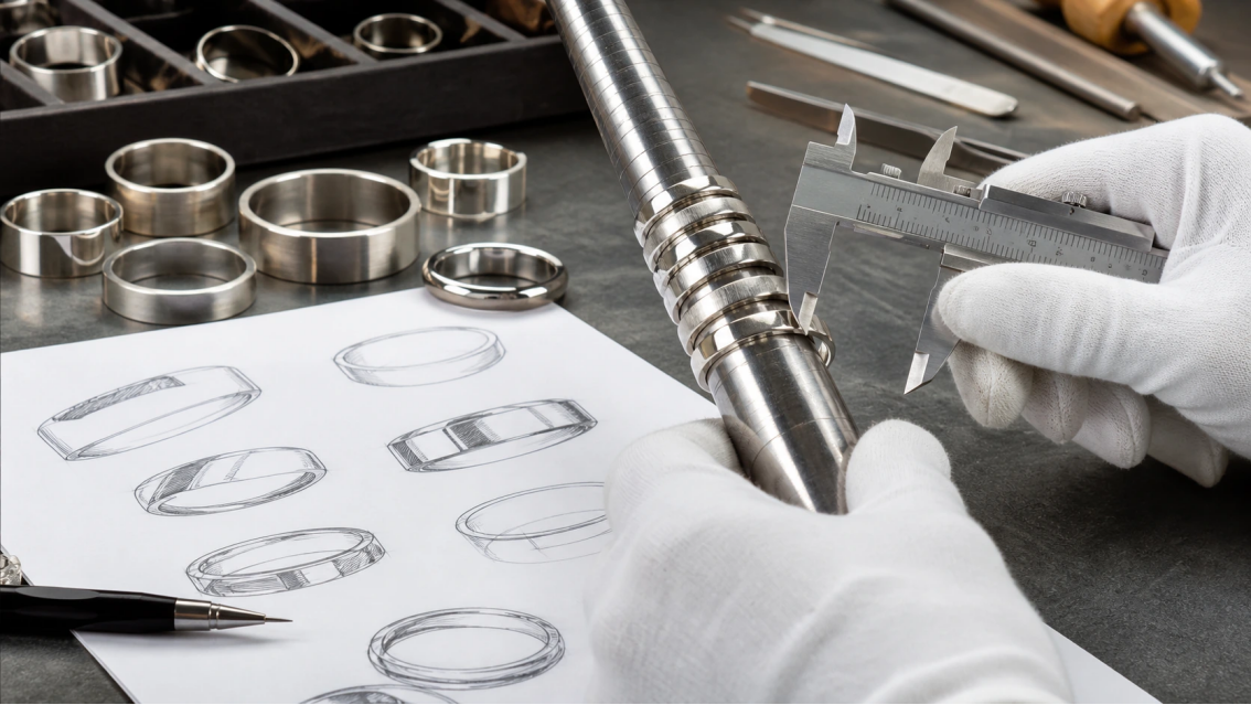 Stackable Ring Sizing and Quality Control Gloved technician measuring stackable rings on a mandrel with a caliper and ring-design drawings.