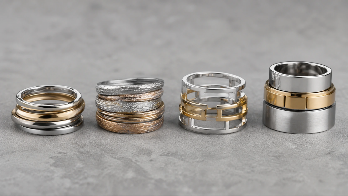 Stackable Ring Style Families Original stackable ring families showing smooth, textured, geometric, and wide statement band designs.