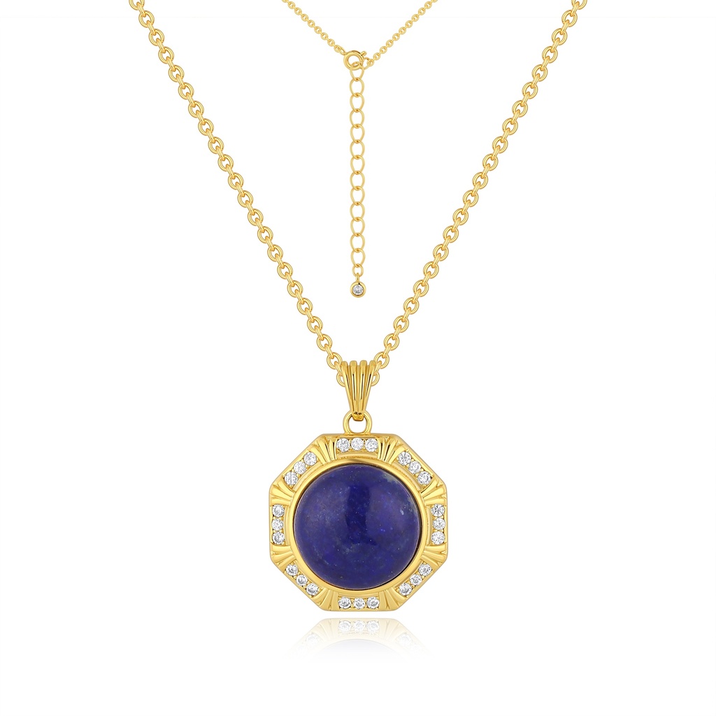Geometric Blue Lapis Round Pendant With Crystal Accents