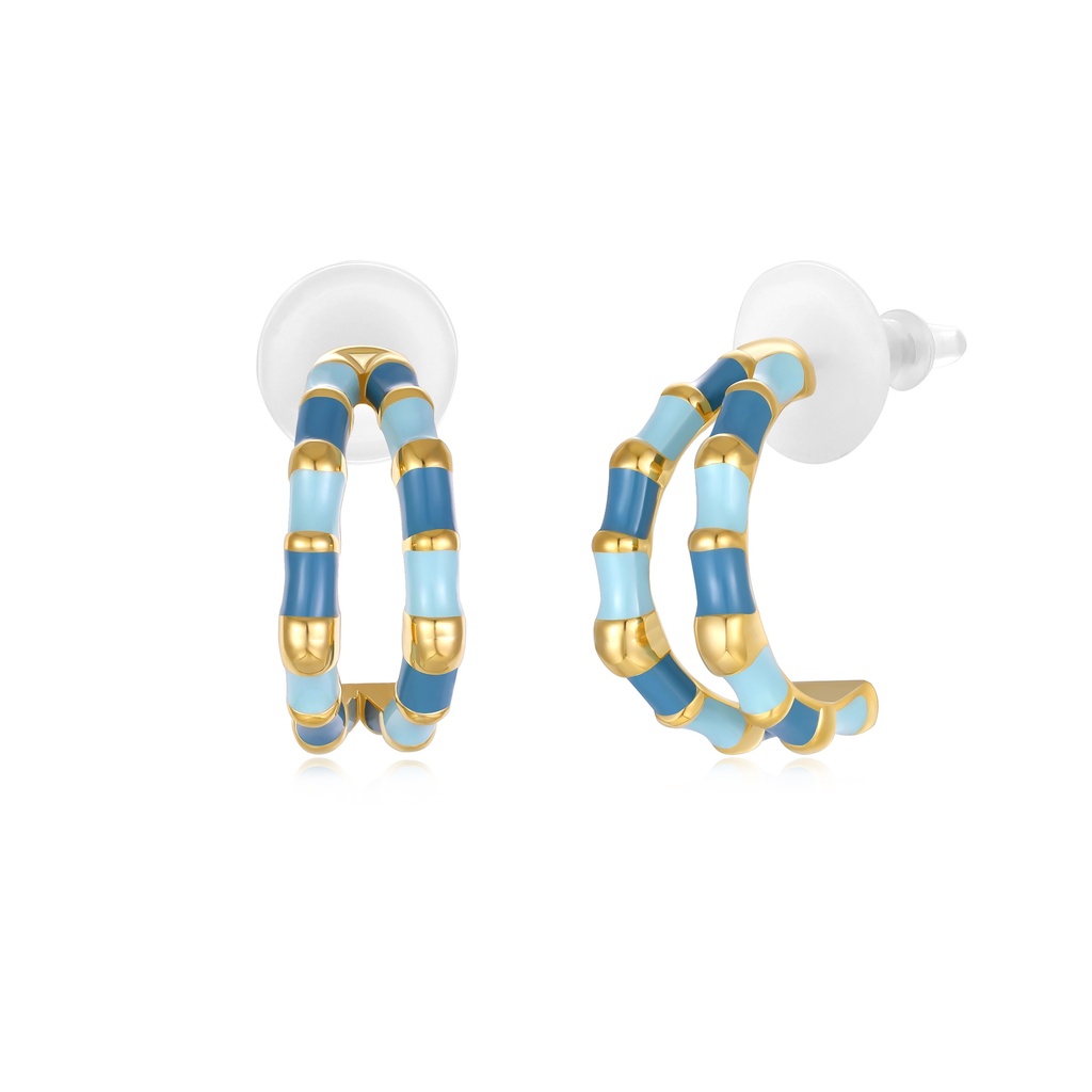 Blue Bamboo-Inspired Enamel Hoop Earrings