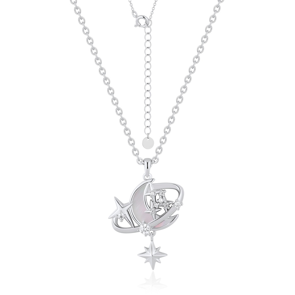 Galaxy-inspired pendant necklace featuring planets, stars, and shimmering crystals.