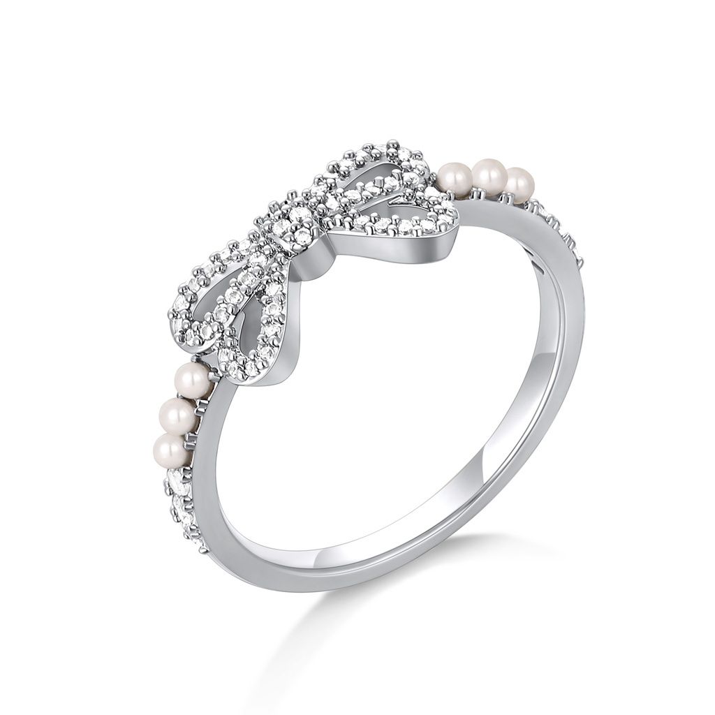 Crystal Bow Ring With Tiny Pearls And Diamond Sparkle