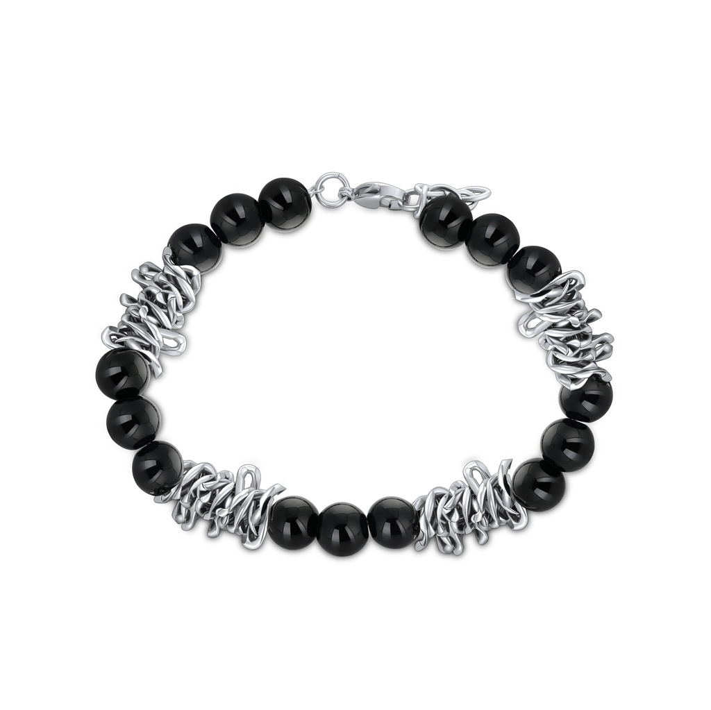Black Agate Beaded Bracelet with Twisted Steel Accent Chains