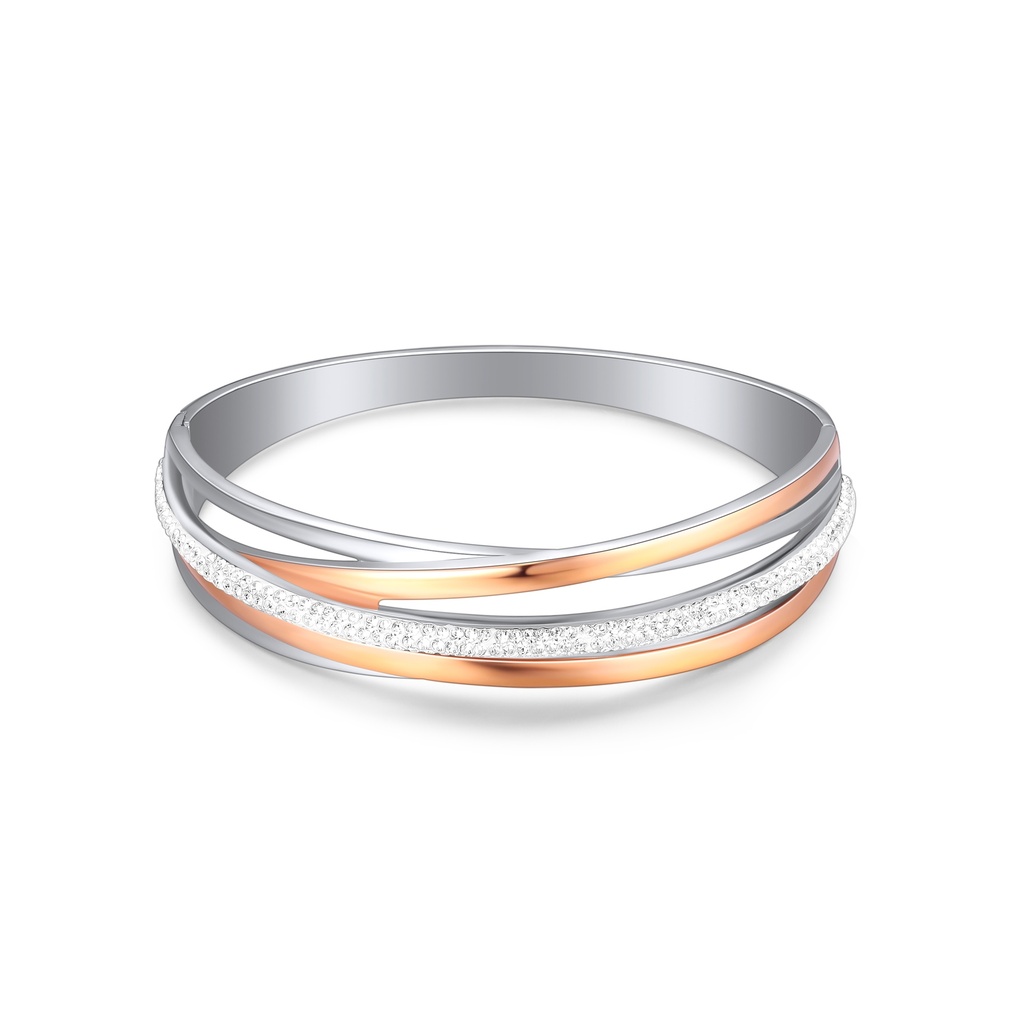 Tri-Tone Interlocking Stainless Steel Bangle with Pavé Crystals