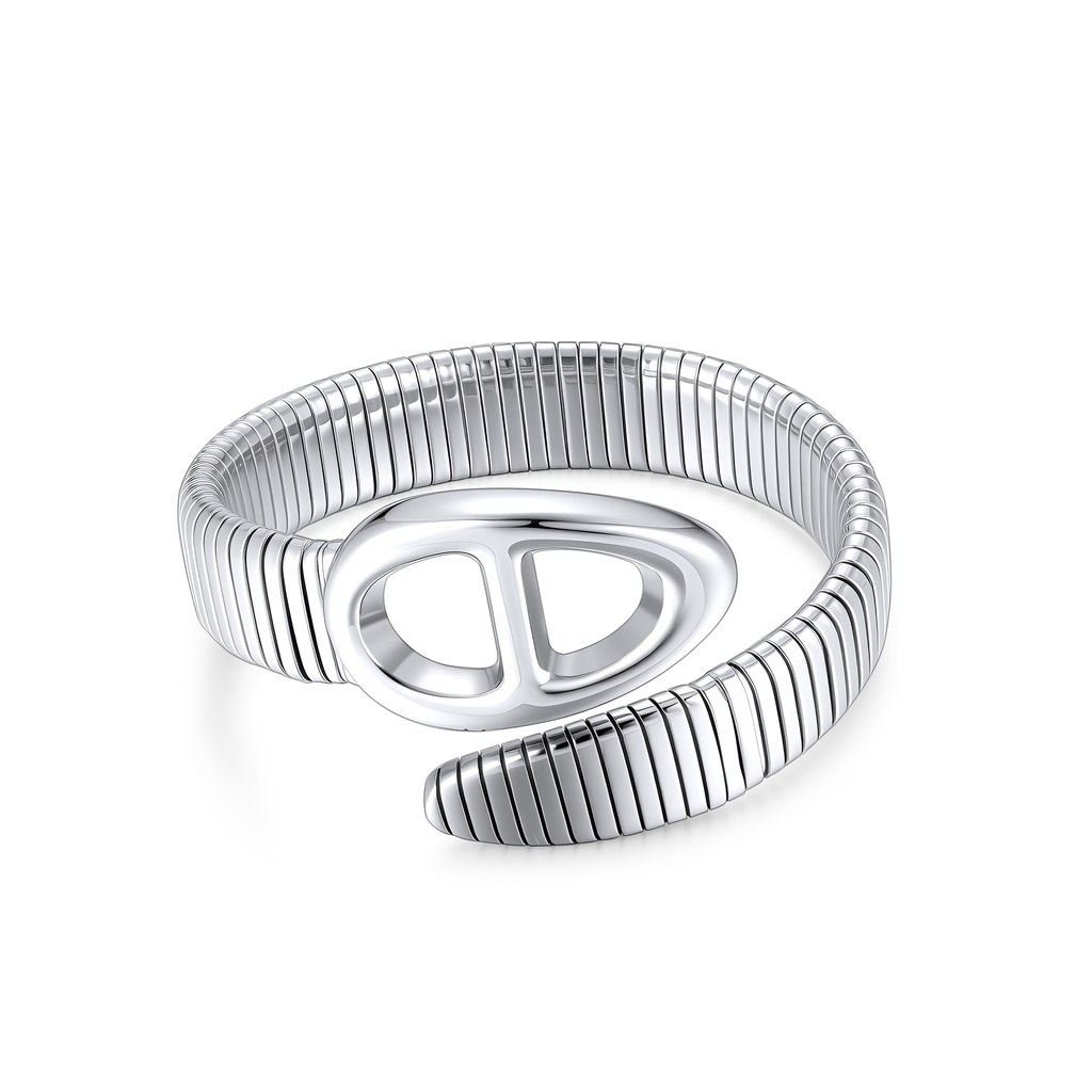 Modern Ribbed Stainless Steel Coil Bracelet with Abstract Loop Front