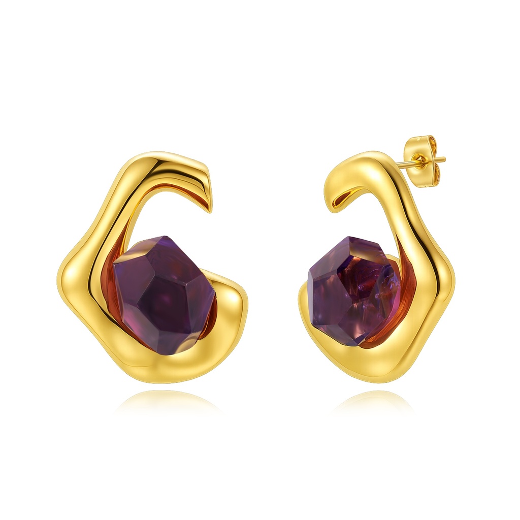 Modern Gold-Tone Stainless Steel Earrings with Purple Geometric Stones