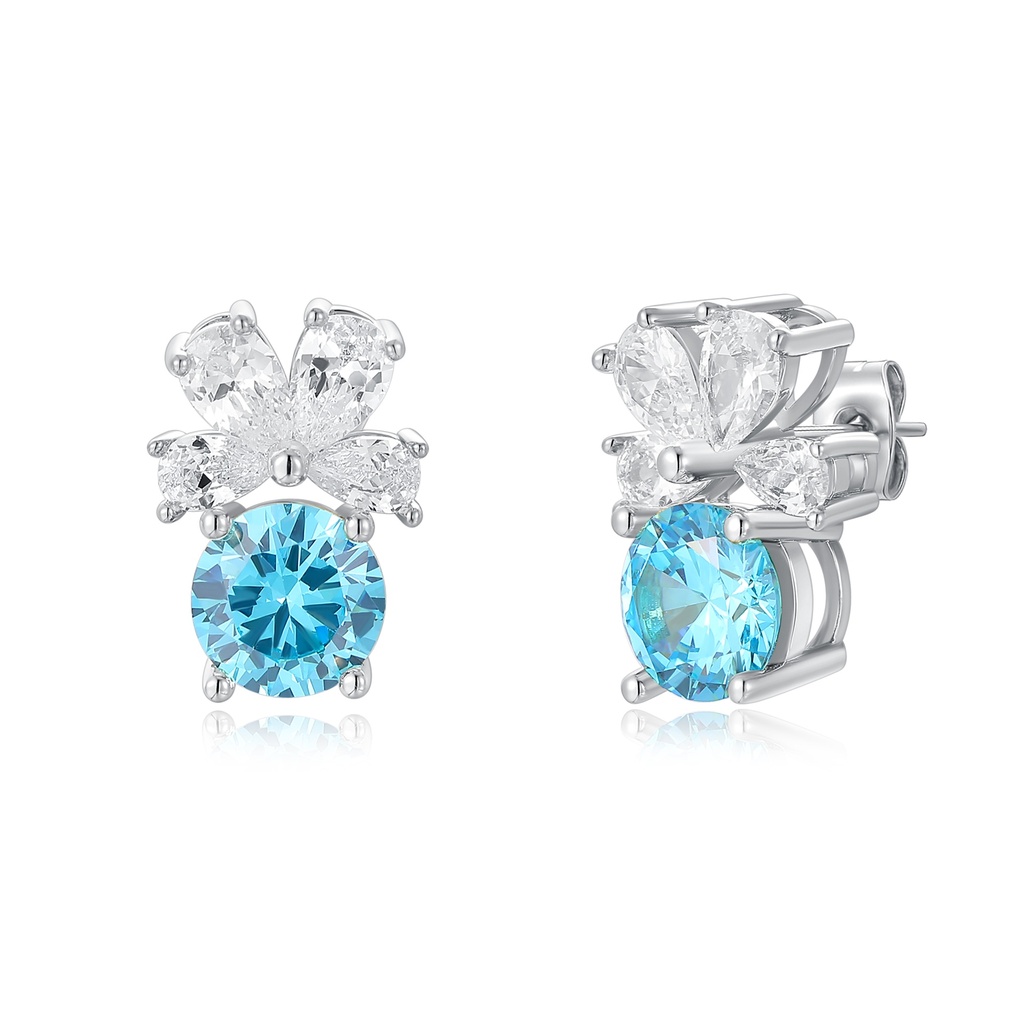 Stainless Steel Earrings with Blue Crystal and Flower Design