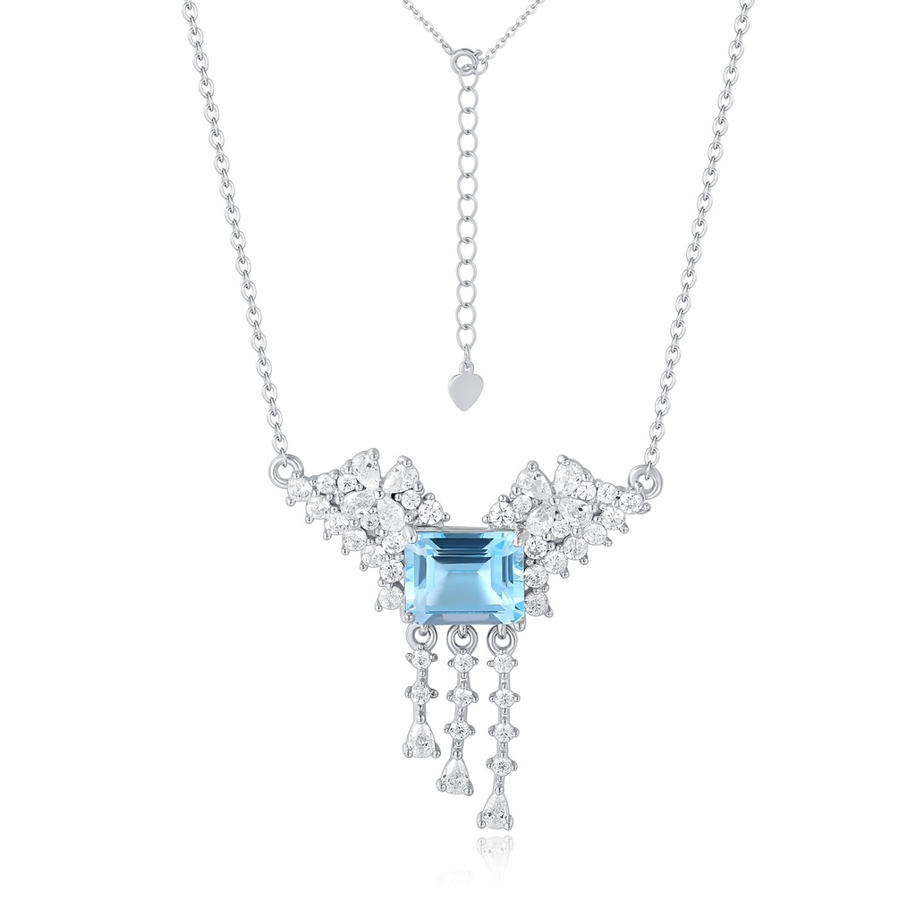 Elegant Stainless Steel Necklace with Blue Gem and Crystal Accents