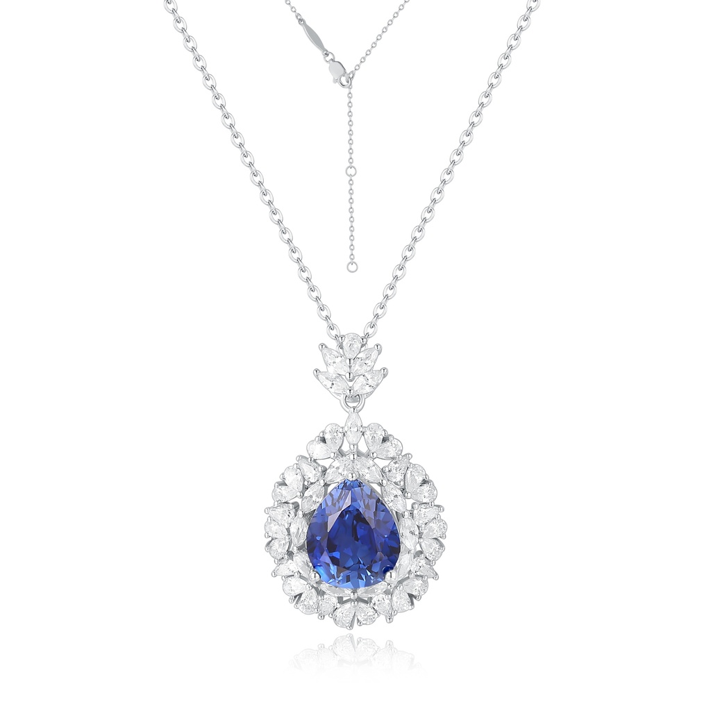 Luxurious Stainless Steel Necklace with Blue Teardrop Gem and Crystals