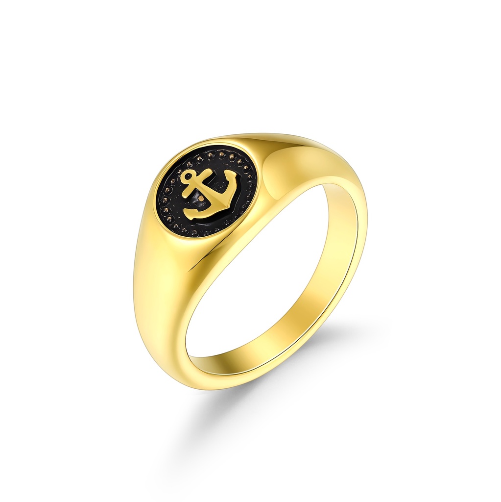 Gold-Plated Stainless Steel Anchor Ring with Black Crystal Detailing