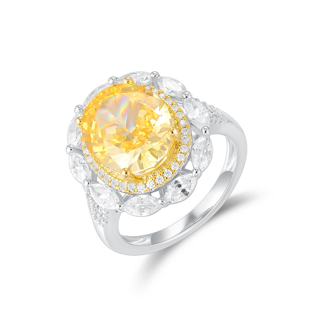 Radiant Oval Yellow Gemstone Ring with Sparkling Diamond Halo