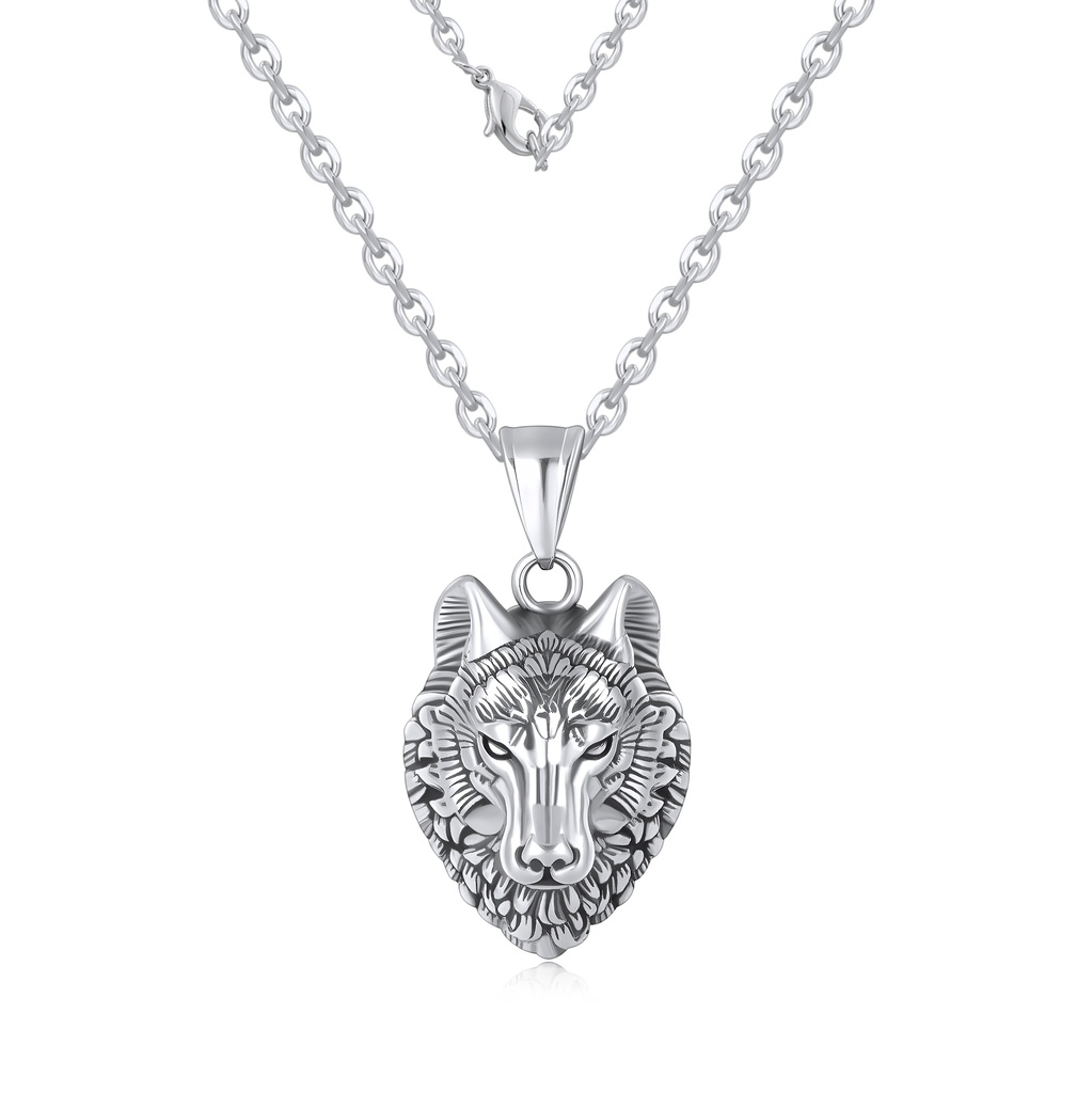 Stainless Steel Wolf Head Pendant Necklace, Detailed Silver-Tone Adjustable Chain