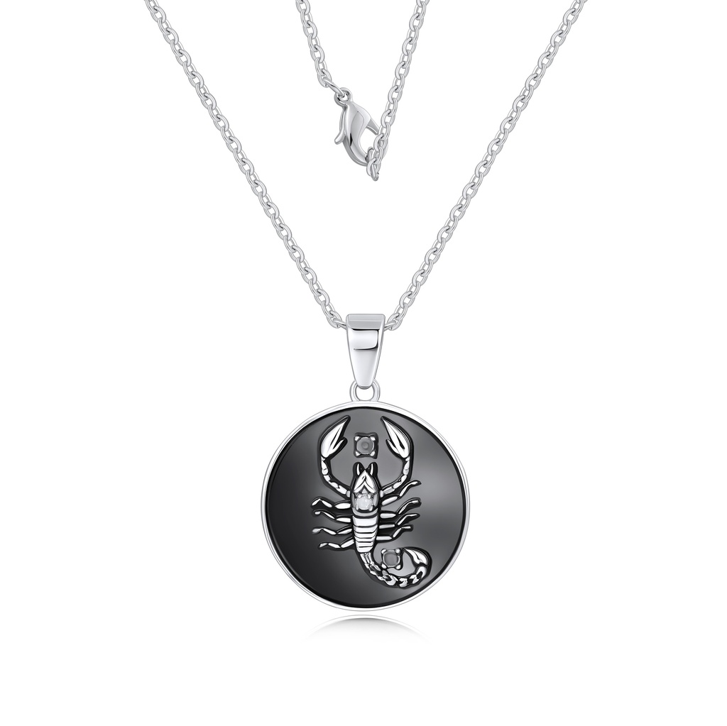 Stainless Steel Scorpio Zodiac Medallion Pendant Necklace, Black Enamel
