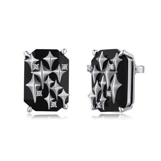 [BJ01E0219] Black Geometric Stud Earrings with Sparkling Star Detail