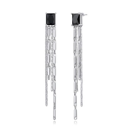 [BJ01E0222-2] Black Zircon Statement Drop Earrings with Layered Chain Fringe
