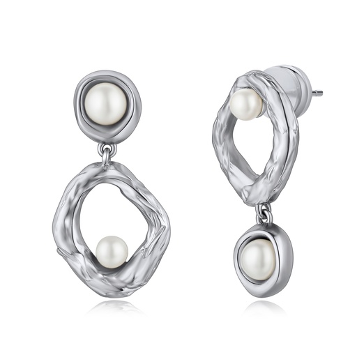 [BJ01E0376-1] Modern Abstract Pearl Drop Earrings in Textured Silver Brass