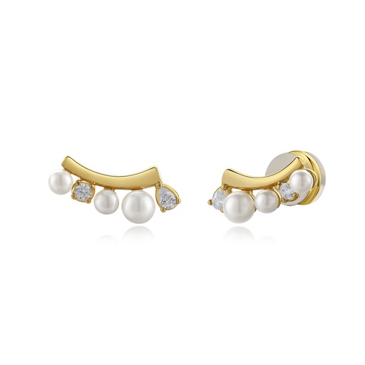 [BJ01E0398] Elegant Gold Arc Earrings with Pearls and Sparkling Stones