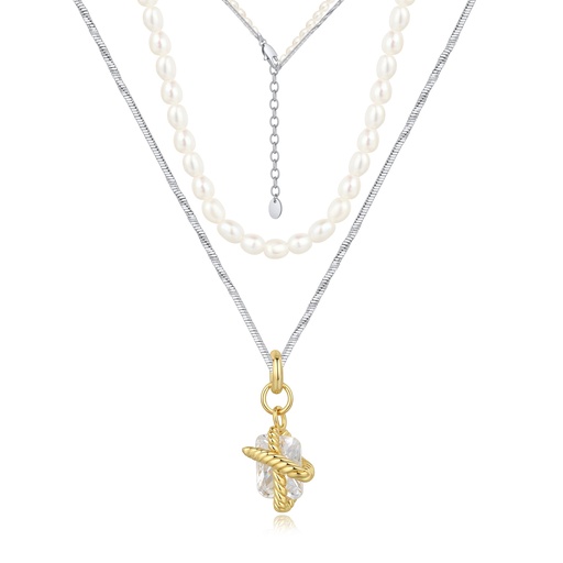 [BJ01N0112] Layered Pearl and Gold Pendant Mixed Chain Necklace