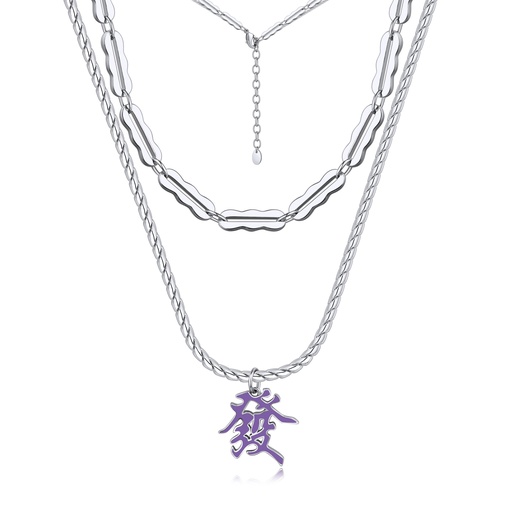 [BJ01N0127] Layered Silver Chains with Purple Chinese Character Pendant