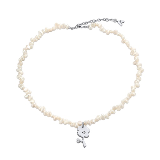 [BJ01N0228] Natural Pearl Strand Choker with Flower Pendant Accent