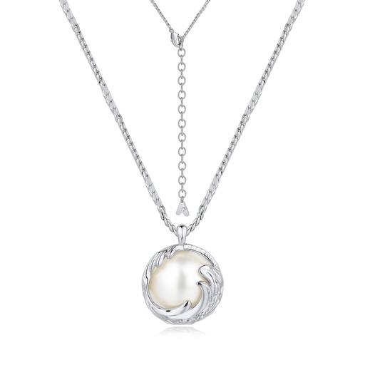 [BJ01N0270-1] Elegant Silver Pearl Pendant Necklace with Flame-Inspired Frame