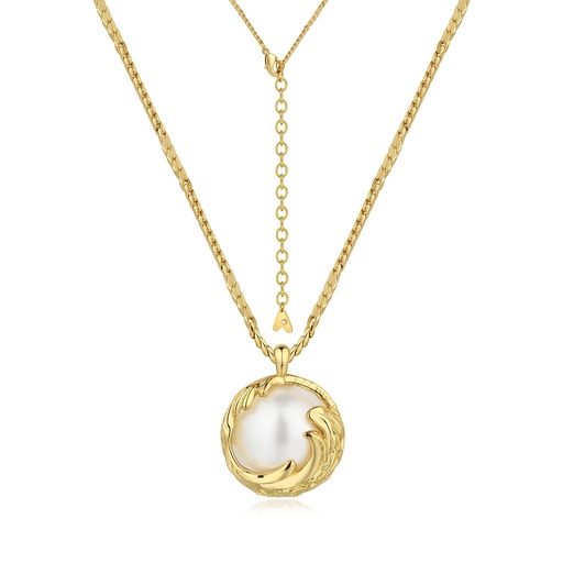 [BJ01N0270-2] Gold Flame Brass Pendant Necklace with Pearl Centerpiece