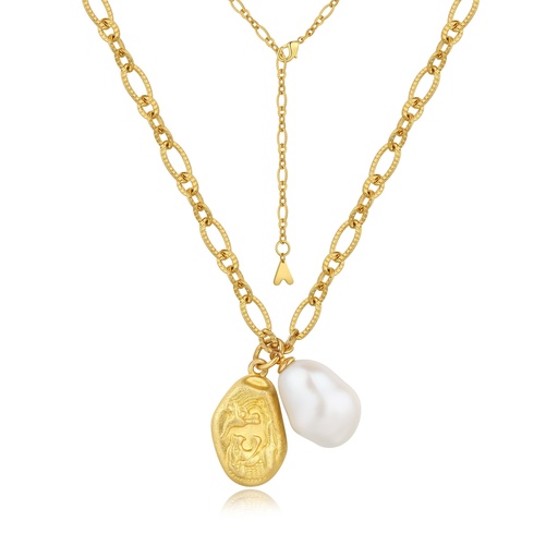 [BJ01N0282] Gold-Plated Chunky Chain with Dragon Coin and Pearl