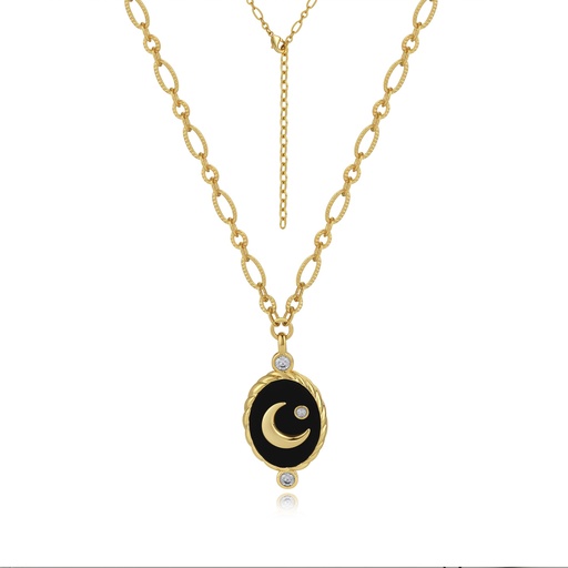 [BJ01N0303] Moon and Star Oval Pendant Necklace with Black Enamel Detail