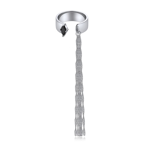 [BJ01R0078] Ear Cuff: Silver Brass Ear Cuff with Black Gem and Chain Tassel