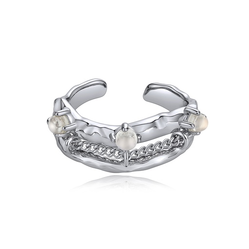 [BJ01R0171] Elegant Silver Chain Ring with Pearls and Modern Texture