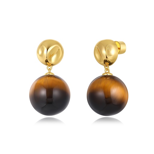 [BJ05E0350] Gold Drop Earrings with Tiger Eye Bead Charm