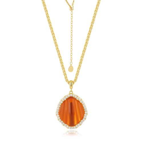 [BJ05N0422] Golden Shell Pendant Necklace with Sparkling Zircon Halo