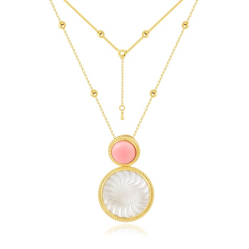 [JY18N0128] Layered Gold Necklace with Pink Accent and Clear Disc