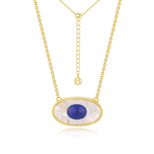 [JY18N0144] Gold Oval Pendant with Blue Gem and Shell Base