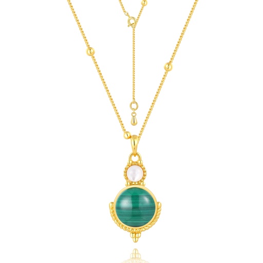 [JY18N0168] Vintage-inspired necklace with green malachite and luminous pearl accent