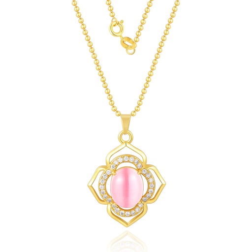 [JY18N0260] Floral gold pendant necklace with pink cat’s eye centerpiece