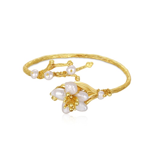 [JY20B0001] Gold floral bangle with freshwater pearls and organic branch motif