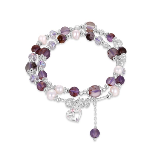 [JY20B0011] Layered amethyst bracelet with pearls, crystals, and silver heart charm