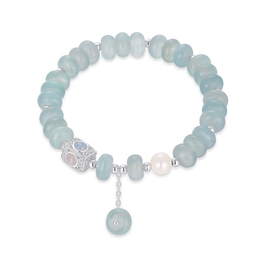 [JY20B0012] Matte aqua bracelet with opal charm and pearl detail