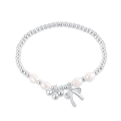 [JY20B0013] Polished silver bead bracelet with pearl detail and bow charm
