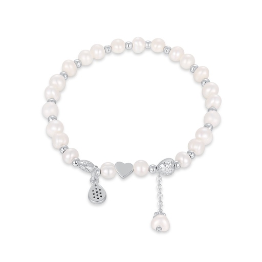 [JY20B0016] Elegant pearl bracelet with silver heart and dangling charm accents