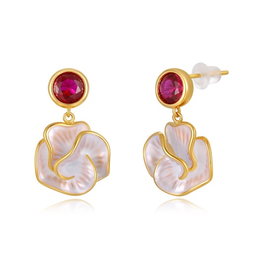 [JY20E0002] Romantic flower earrings with shell petals and red gemstone