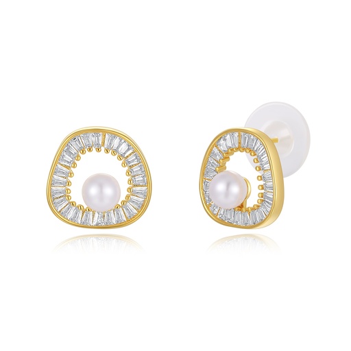 [JY20E0004] Elegant pearl studs framed by baguette crystals and gold setting