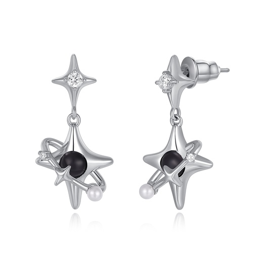 [JY20E0006] Galactic star earrings with pearl, black bead, and crystals