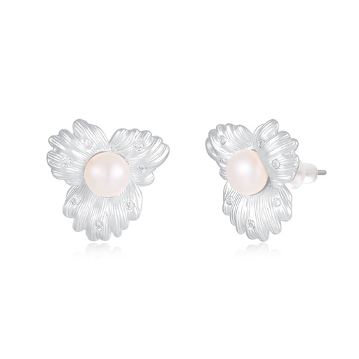 [JY20E0007] Silver flower earrings with central pearl and textured petal design