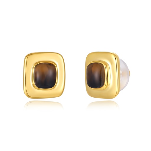 [JY20E0009-2] Smoky quartz-tone earrings in a polished square gold frame