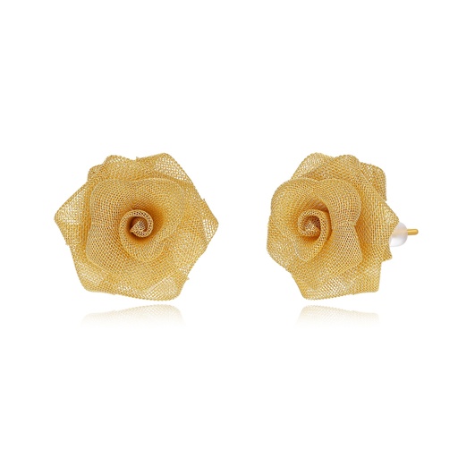 [JY20E0014-2] Golden Mesh Rose Earrings, Elegant Brass Floral Statement Studs