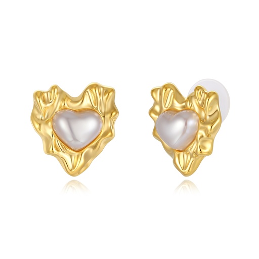 [JY20E0015] Heart-Shaped Baroque Pearl Earrings, Abstract Textured Brass Design