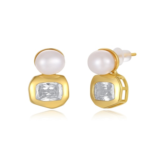 [JY20E0016] Pearl and Crystal Geometric Studs, Dual-Element Elegant Brass Earrings